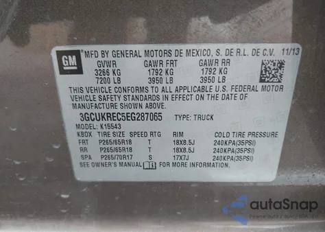 2014 Chevrolet Silverado 1500 2Lt from USA, damaged, VIN 3GCUKREC5EG287065